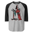 Grey raglan shirt with black sleeves and an abstract letter M graphic.
