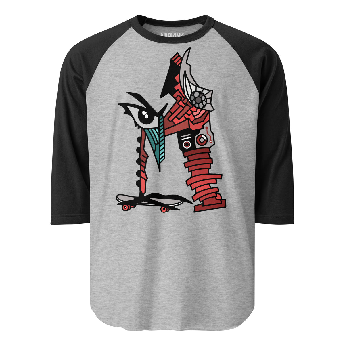 Grey raglan shirt with black sleeves and an abstract letter M graphic.