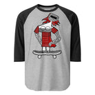 Grey raglan shirt with black sleeves and a red space skater girl standing on a skateboard.