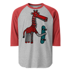Grey raglan shirt with pink sleeves and a red giraffe holding a turquoise skateboard.