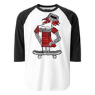 White raglan shirt with black sleeves and a red space skater girl standing on a skateboard.