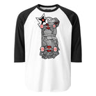 White raglan shirt with black sleeves and a black-and-white abstract character with a red star and skateboard details.