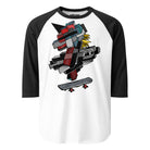 White raglan shirt with red sleeves and a geometric mechanical unicorn on a skateboard.