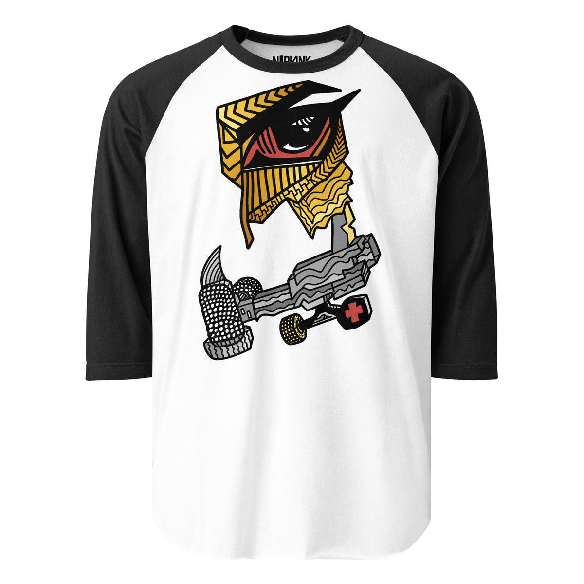 White raglan shirt with black sleeves and a yellow and black geometric owl with skateboard details.