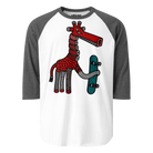 White raglan shirt with dark grey sleeves and a red giraffe holding a turquoise skateboard.