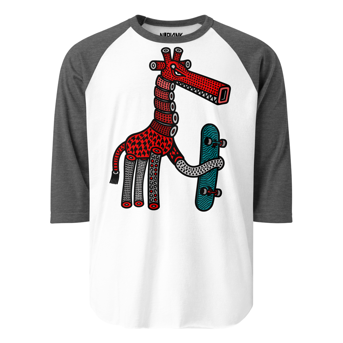 White raglan shirt with dark grey sleeves and a red giraffe holding a turquoise skateboard.