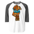 White with grey sleeves: Master Reactor raglan shirt with grey sleeves and an abstract orange and blue portrait of an angry girl.