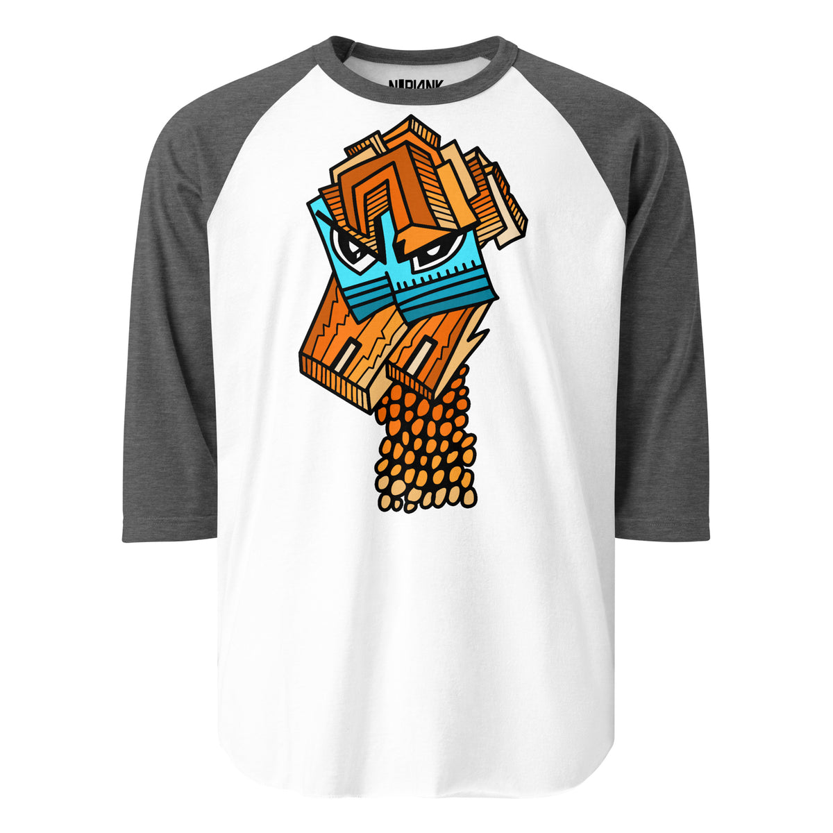 White with grey sleeves: Master Reactor raglan shirt with grey sleeves and an abstract orange and blue portrait of an angry girl.