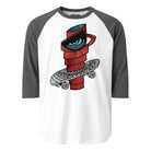 White raglan shirt with grey sleeves and a red coffee character with a skateboard.