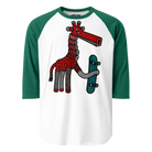 White raglan shirt with green sleeves and a red giraffe holding a turquoise skateboard.
