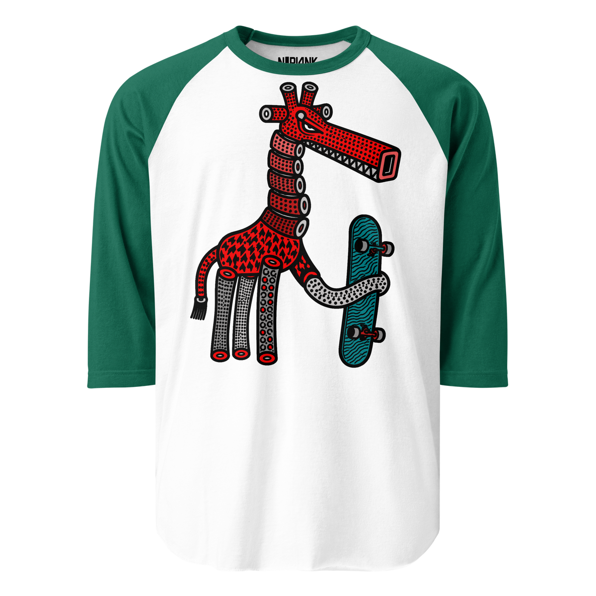 White raglan shirt with green sleeves and a red giraffe holding a turquoise skateboard.