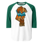 White with green sleeves: Master Reactor raglan shirt with green sleeves and an abstract orange and blue portrait of an angry girl.