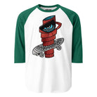 White raglan shirt with green sleeves and a red coffee character with a skateboard.