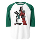 White raglan shirt with green sleeves and an abstract letter M graphic.