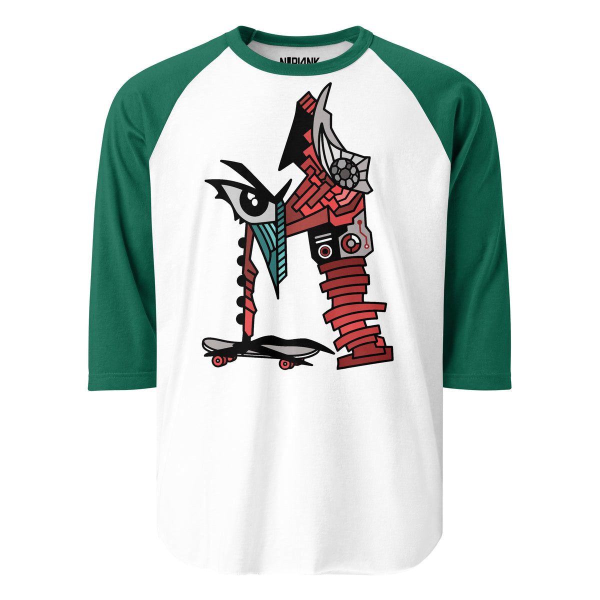 White raglan shirt with green sleeves and an abstract letter M graphic.