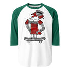 White raglan shirt with green sleeves and a red space skater girl standing on a skateboard.