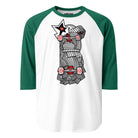 White raglan shirt with green sleeves and a black-and-white abstract character with a red star and skateboard details.