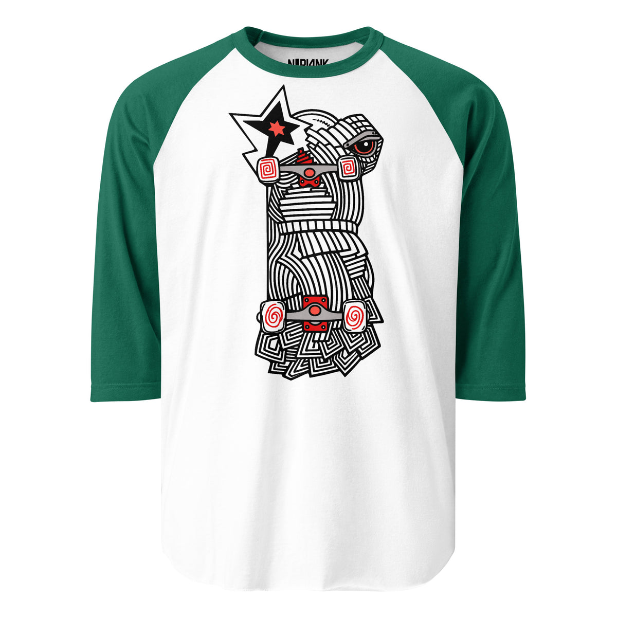 White raglan shirt with green sleeves and a black-and-white abstract character with a red star and skateboard details.