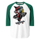 White raglan shirt with green sleeves and a geometric mechanical unicorn on a skateboard.