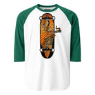 White raglan shirt with green sleeves and an orange-and-black smoking skateboard graphic.