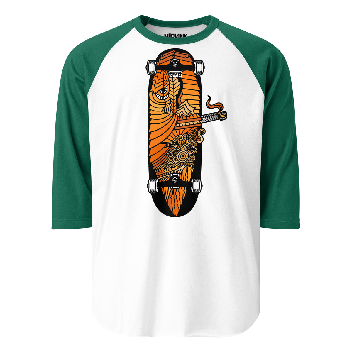 White raglan shirt with green sleeves and an orange-and-black smoking skateboard graphic.