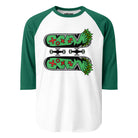 White raglan shirt with green sleeves and two green skateboard decks with separate trucks and wheels.