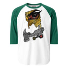 White raglan shirt with green sleeves and a yellow and black geometric owl with skateboard details.