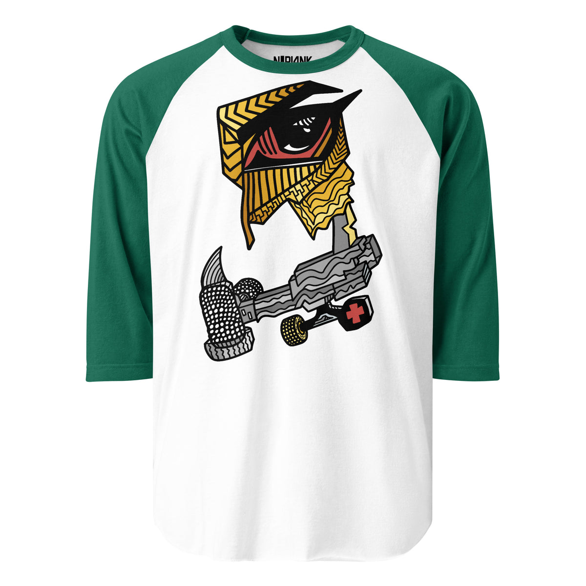 White raglan shirt with green sleeves and a yellow and black geometric owl with skateboard details.