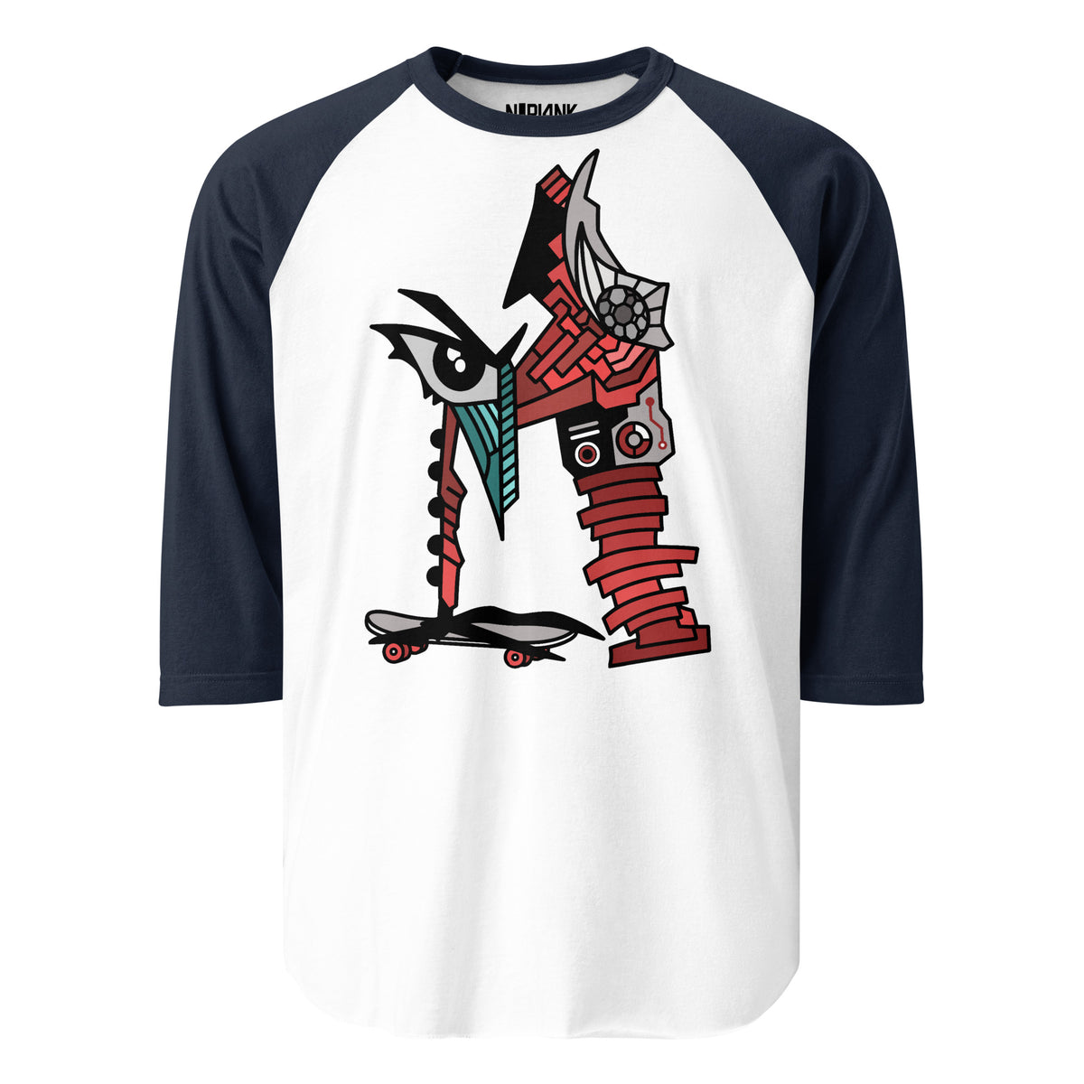 White raglan shirt with navy sleeves and an abstract letter M graphic.