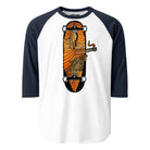 White raglan shirt with black sleeves and an orange-and-black smoking skateboard graphic.