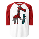 White raglan shirt with red sleeves and a red giraffe holding a turquoise skateboard.