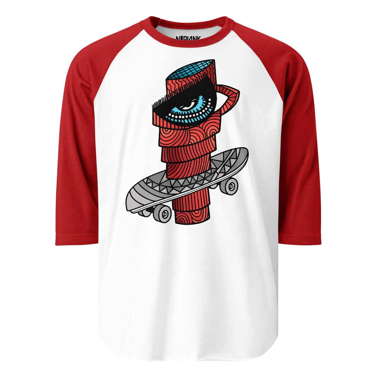 White raglan shirt with red sleeves and a red coffee character with a skateboard.