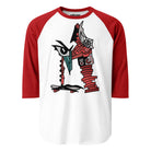 White raglan shirt with red sleeves and a red, black and white abstract letter M graphic.