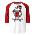 White raglan shirt with red sleeves and a red space skater girl standing on a skateboard.