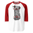 White raglan shirt with red sleeves and a black-and-white abstract character with a red star and skateboard details.