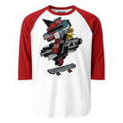 White raglan shirt with black sleeves and a geometric mechanical unicorn on a skateboard.