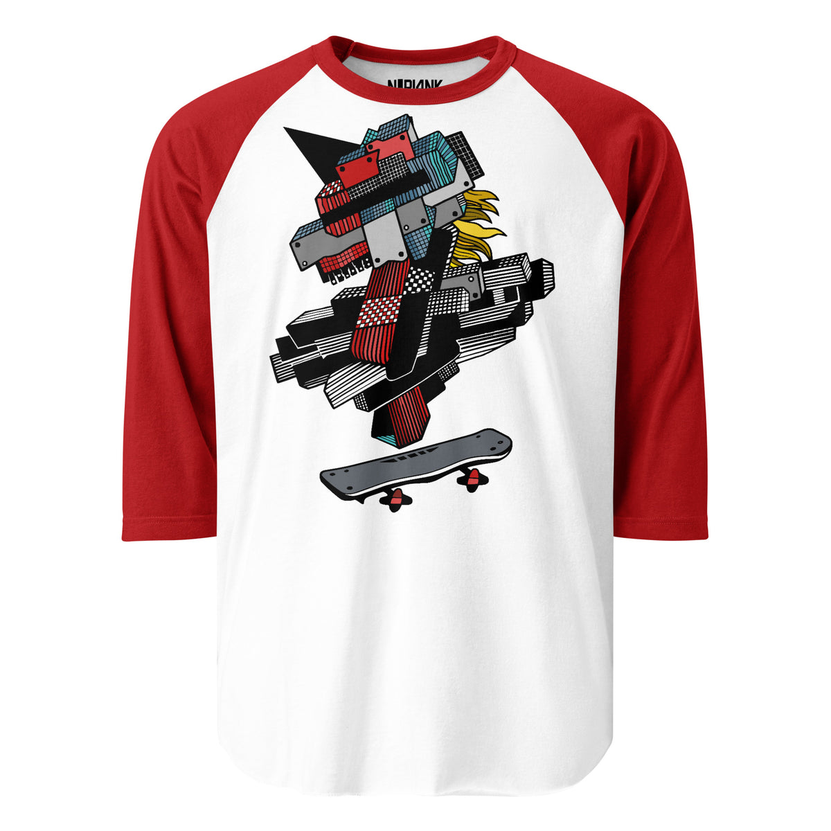 White raglan shirt with black sleeves and a geometric mechanical unicorn on a skateboard.