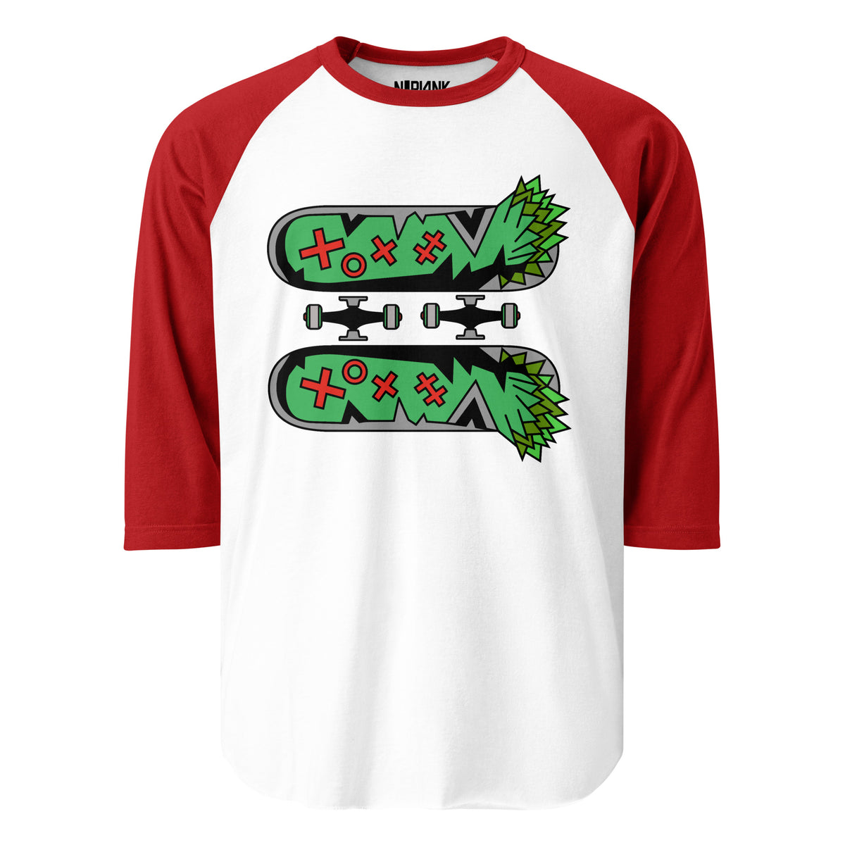 White raglan shirt with red sleeves and two green skateboard decks with separate trucks and wheels.