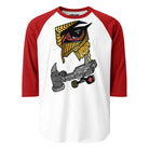 White raglan shirt with red sleeves and a yellow and black geometric owl with skateboard details.