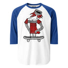 White raglan shirt with blue sleeves and a red space skater girl standing on a skateboard.