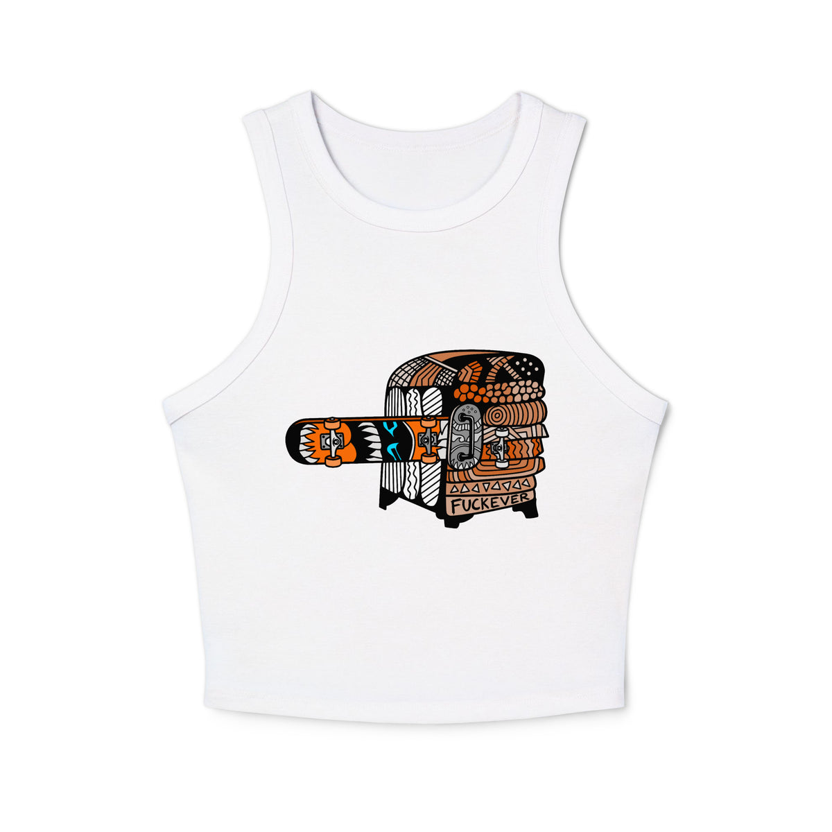 White micro rib racer tank top featuring a centered graphic illustration of a stylized retro fridge and skateboard design in orange, brown, and black accents.