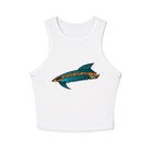 White micro rib racer tank top featuring a centered graphic of an abstract, stylized fish called Jetfin Reef in cyan blue and bright orange with bold black outlines.
