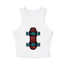 Front: White micro rib racer tank top featuring a centered technical graphic of a skateboard top-down view with vibrant red gradient deck panels and cyan blue trucks and wheels.