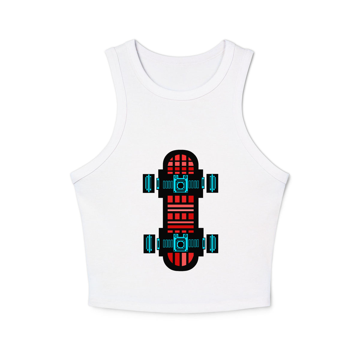 Front: White micro rib racer tank top featuring a centered technical graphic of a skateboard top-down view with vibrant red gradient deck panels and cyan blue trucks and wheels.