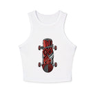 White micro rib racer tank top featuring a centered graphic of a stylized skateboard deck design with red wood grain textures, geometric diamond patterns, grey accents, and red skate wheels.
