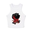 White micro rib racer tank top featuring a centered graphic of a shadowed black watcher character riding a grey brick-patterned skateboard with flowing red ribbon-like strands extending downward.