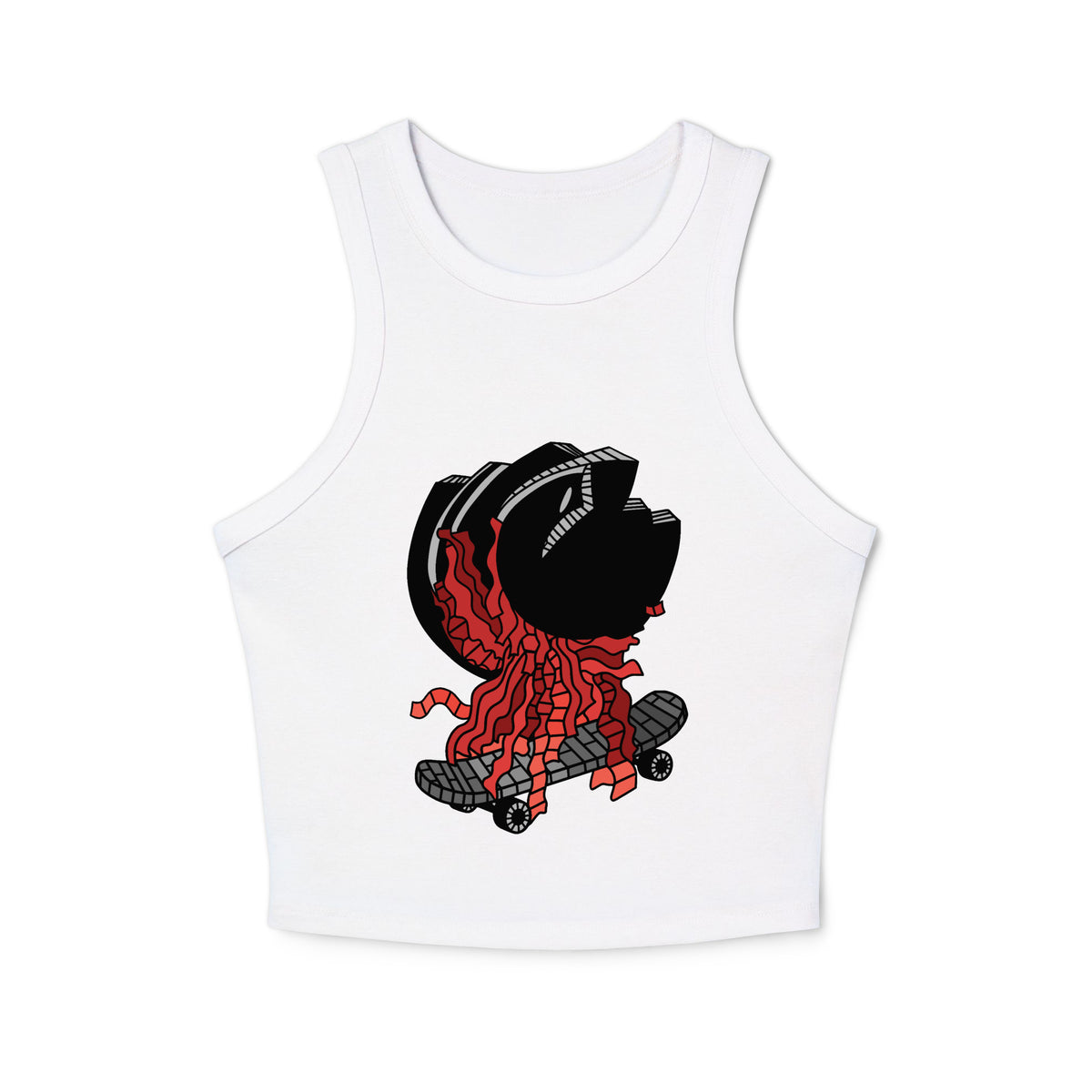 White micro rib racer tank top featuring a centered graphic of a shadowed black watcher character riding a grey brick-patterned skateboard with flowing red ribbon-like strands extending downward.