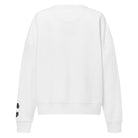 Back side. White crew neck sweatshirt featuring a centered graphic of an illustrated retro fridge and skateboard design in orange, brown, and black tones.