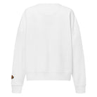 Back side. White crew neck sweatshirt featuring a centered graphic of an abstract, stylized fish called Jetfin Reef in cyan blue and bright orange tones with bold black outlines.