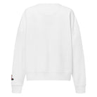 Back side. White crew neck sweatshirt featuring a centered technical graphic of a skateboard top-down view in vibrant red, cyan blue, and black accents.